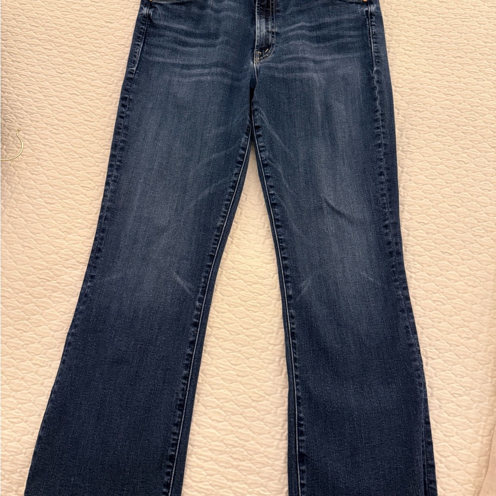 MOTHER Dark Blue Flare Jeans with step up fray edge 
Cropped and 26” inseam